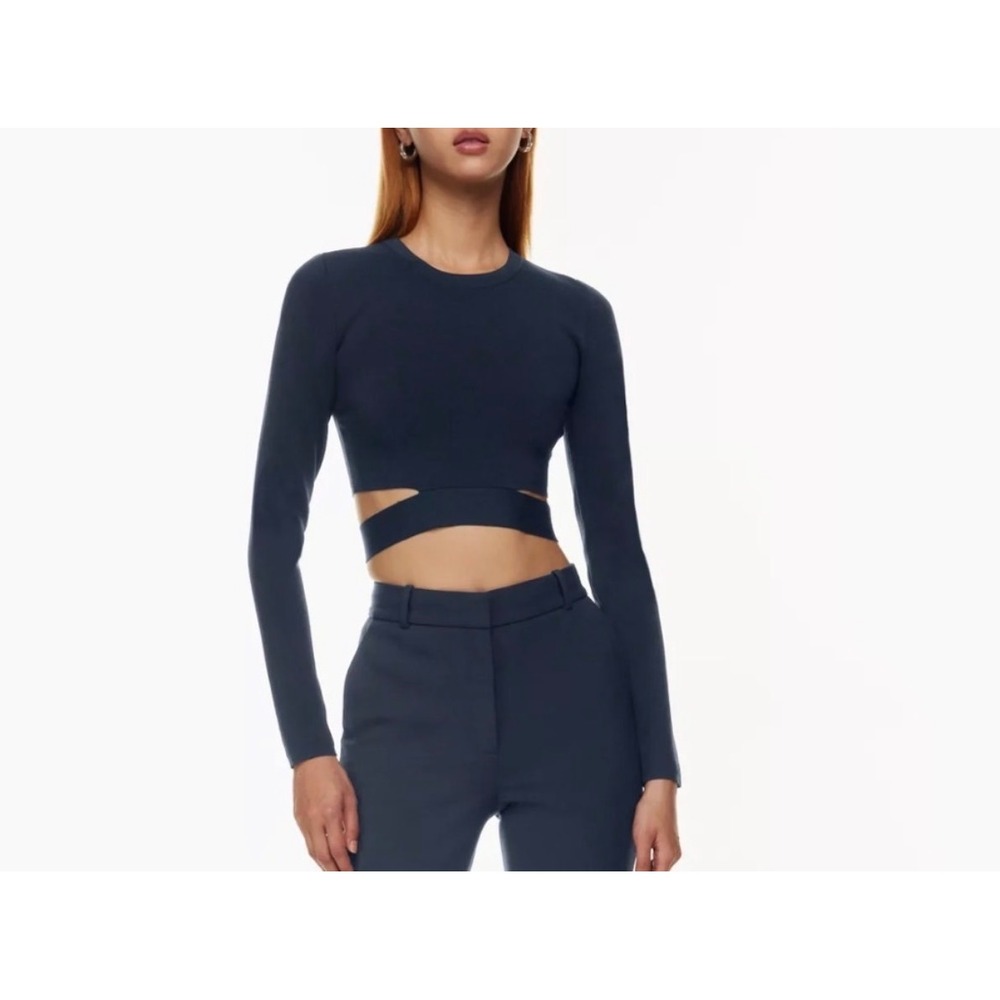 TEN by Babaton  Top Long Sleeve Cutout Crop Crew Neck Navy Blue‎ Medium